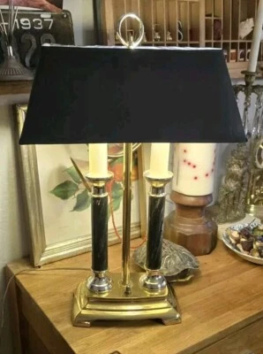 复古法国帝国 Bouillotte 黄铜灯 2 支臂器皿金属黑色灯罩 20 英尺  — 第 1/4 张图片