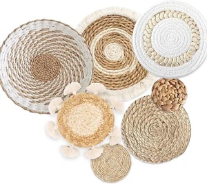 7 Pcs Boho Wall Baskets Decor Hanging Rustic Rattan Wicker Wall Basket Farmhouse - Picture 1 of 8