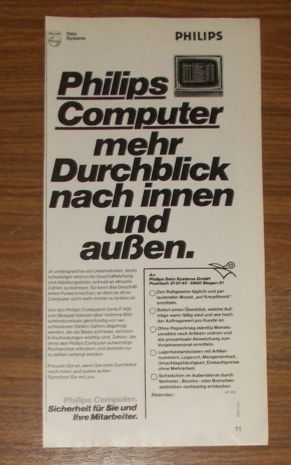 Seltene Werbung PHILIPS Computer - Mehr Durchblick nach innen und außen 1979 - Image 1 of 1