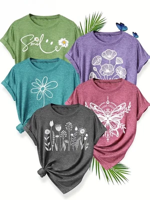Women’s Short Sleeve T-Shirts Floral Butterfly Smile Designs Comfy Casual Tops - Image 1 of 4