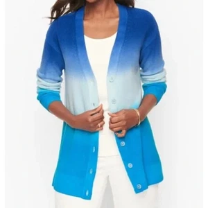 Cardigan Talbots Ombre Dip Dye blu sfumato cotone lyocell preppy XL - Foto 1 di 5