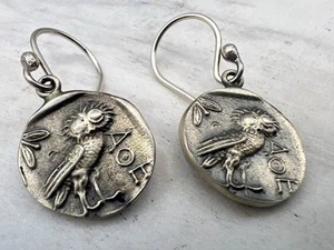 Owl of Goddess Athena Earrings sterling silver 13 mm - Picture 1 of 13
