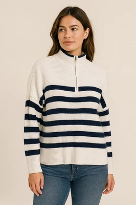 Lands’ End Women’s XL Cream Navy Striped Half-Zip Mock Neck Cotton Sweater 505 - Image 1 of 4