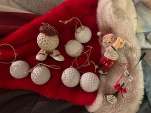 Vintage Weihnachten Golf Thema Ornamente. Weihnachtsmann, Golfschläger, Golfbälle - Bild 1 von 4