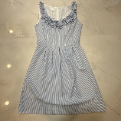 Vestido London Times Azul Blanco Rayas Sin Mangas Volantes Cuello Talla 4 Foto 1 de 4