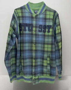 vintage stussy varsity bomber Green Blue Black Plaid Size M Excellent Condition - Picture 1 of 5
