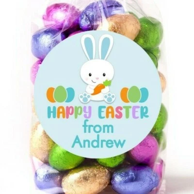 Pegatinas de Pascua - Conejo Azul con Zanahoria y Huevos - Pegatina de Pascua Personalizada  Foto 1 de 2