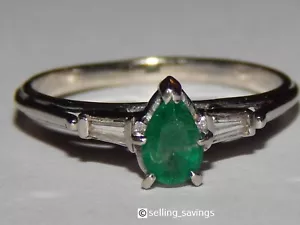 18K WHITE GOLD VINTAGE EMERALD PEAR CUT & BAGUETTE DIAMOND BAND RING SIZE 6.25 - Picture 1 of 5