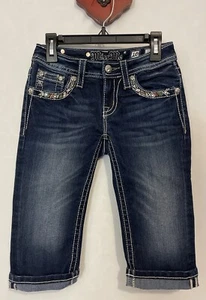 Miss Me Girls Size 10 Dark Studded JK7115P2 Blue Cuffed Sequined Capris! A3085 - Picture 1 of 9