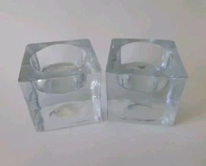 2 Vintage Ice Cube Art Glass Votive Candle Holders 2"×2" - Picture 1 of 12