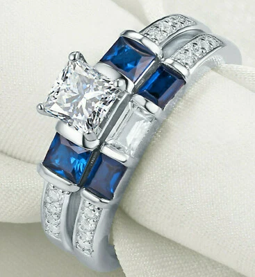 Anillo de compromiso princesa moissanita de 1,96 quilates banda de zafiro azul oro macizo de 14 quilates Foto 1 de 4