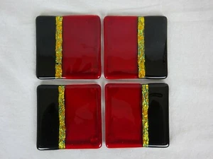 4 Art Glass Drink Coasters Red & Black w/ Gold & Blue Foil Strip ~ "Paradise" - Picture 1 of 9