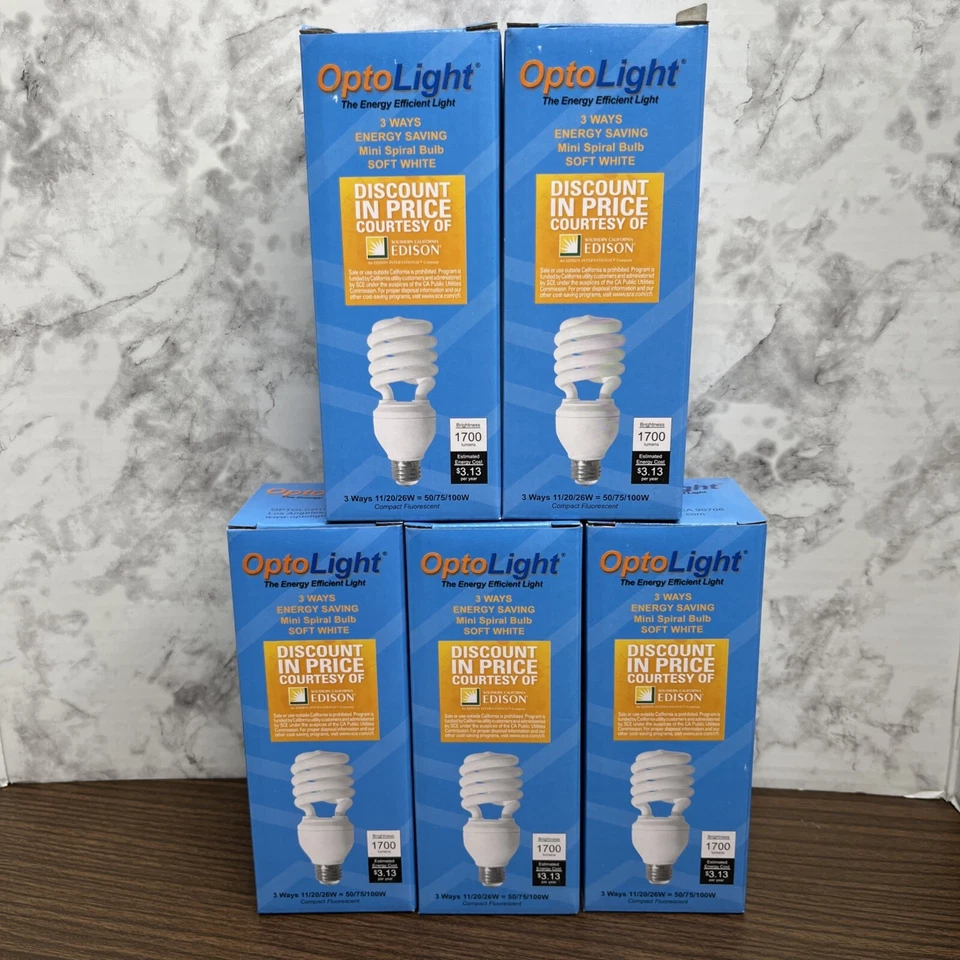 Group of 5 Energy Saving 32W/125W Equiv. OptoLight Spiral Light Bulbs New in Box - Image 1 of 3