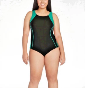 Women's One Piece Athletic Racerback Swimsuit Slimming Bathing Suit Green Blk XL - Picture 1 of 12