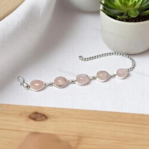 Rose Quartz Gemstone Handmade 925 Silver Plated Bracelet 7-8 - Picture 1 of 4