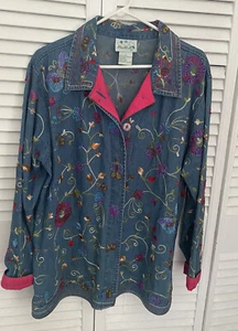 The Quacker Factory Women's Jacket Shirt Embroidered Denim Butterfly Blue Size L - Picture 1 of 5