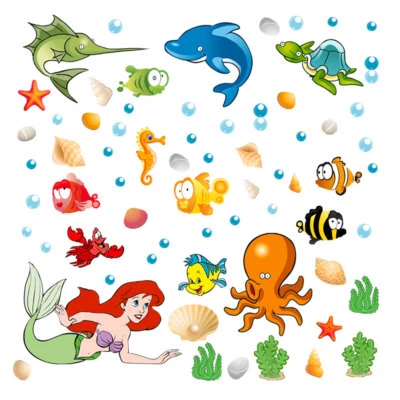 Sirenetta pesci piovra stelle marine adesivi murali cameretta bambino 60 adesivi - Immagine 1 di 2