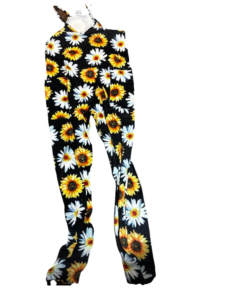 Girls Sunflower Daisy Jumpsuit Romper Size 12Y Black Floral Sleeveless - Bild 1 von 3