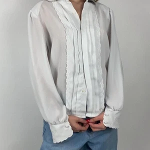 Vintage 80s Victorian-Inspired Off White Coquette Sheer Lace Blouse - Bild 1 von 5
