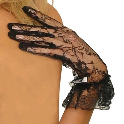 Guantes de encaje negro hasta la muñeca con volantes transparentes disfraz de fiesta del té 1260 Foto 1 de 4