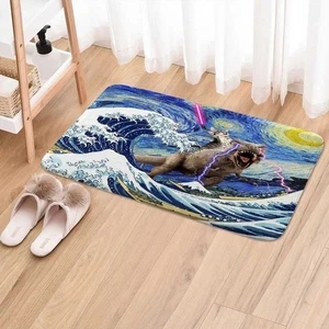 Funny Cat Bath Mat, Cool Dinosaur Cat in Japanese Kanagawa Waves Bath Rug, Bl... - Bild 1 von 5