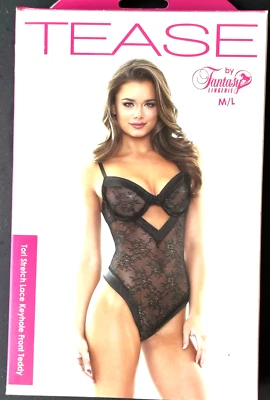 TEASE Fantasy Sz M/L  8-12 Lingerie Black Tori Stretch Lace Teddy Keyhole Front - Image 1 of 4