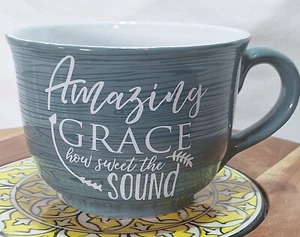 Souper Mug BLUE NO LID TEA COFFEE 3.5"x7"x5.5" AMAZING GRACE HOW SWEET THE SOUND - Picture 1 of 2