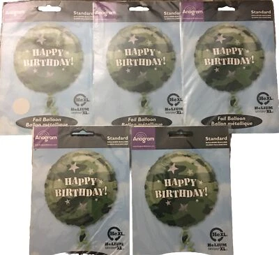 Lot Of 5 Anagram Happy Birthday Army Camo Camouflage Foil Balloon 17 inch Round - Image 1 of 2
