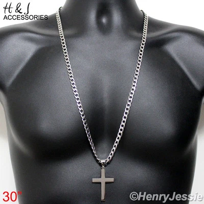 30" HOMBRE Acero Inoxidable 6mm Plata Bordillo Cubano Cadena Simple Liso Cruz Colgante*64 Foto 1 de 4