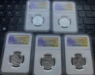 2010 S Silver 25c ULTRA CAM National Parks Five Coin Set PF69 WY, OR, AR, CA, AZ - Image 1 of 2