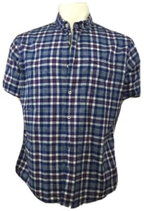THREADS & HEIRS Mens 100% Cotton Button Front Short Sleeve Shirt Blue Plaid L S2 - Picture 1 of 12