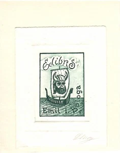 1973 Vintage Original Nautical Ex Libris Bookplate - "Emil I. Bologa" ~ Viking - Picture 1 of 3
