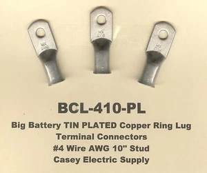 10 TIN PLATED Big Copper Lug Ring Terminal Connector #4 Wire Gauge #10 Stud - Picture 1 of 2