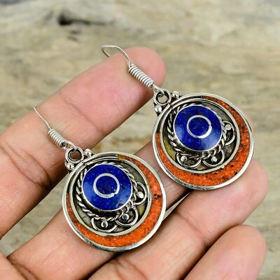 Raro Lapislazzuli & Corallo Orecchini 925 Argento Sterling Tibetano Gioielli - Immagine 1 di 4