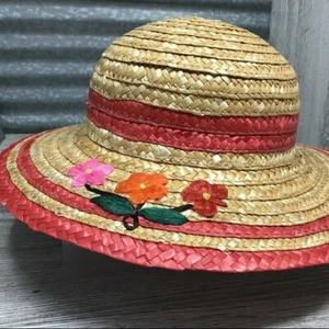 Straw Hat Woven 2.5" Brimmed Girls Dark Pink Bands Multi Colored Flowers Red - Picture 1 of 8