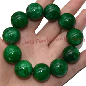 Rare Huge 20mm Natural Green Jade Gemstone Round Beaded Elastic Bracelet 7.5'' - Picture 1 of 9