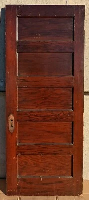 32"x79" Antique Vintage Salvaged Interior Oak Veneer Wood Wooden Door 5 Panels - Image 1 of 4
