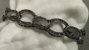 Vintage Silver Tone Grey Glass Marcasite Bracelet Safety Chain 7" - Picture 1 of 8