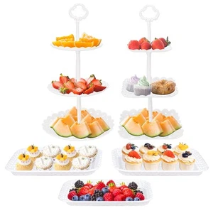 2pcs 3 Tier Round &3pcs Rectangle Serving Trays, Plastic Party Cake Stand and... - Picture 1 of 9