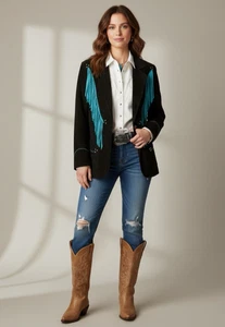 Vintage Scully Suede Western Fringe Jacket Turquoise Beaded studded Womens M EUC - Picture 1 of 15