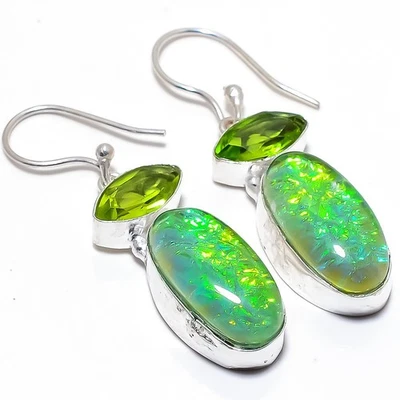 Triplet Fire Opal, Peridot Gemstone 925 Sterling Silver Jewelry Earring 1.8" - Image 1 of 4