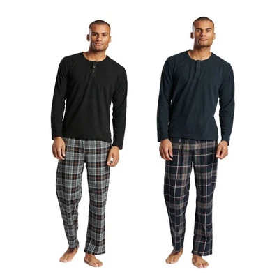 Mens Ribbed Fleece Pyjamas With Cotton Flannel Check Bottoms PJs M-XXL - Image 1 of 4