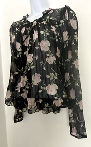 Ulla Johnson Blouse Bea Black/Pink Floral Print Silk Size 4 Peasant Top - Picture 1 of 5
