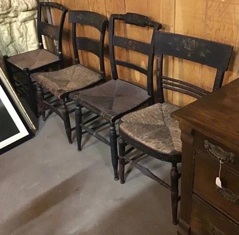 Set of 4 Vintage Hitchcock Chairs Black with Stenciling & Rush Seats Cover