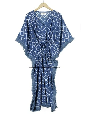 Anokhi,Vintage Indian Block Print Cotton Kaftan Maxi Dress,Boho Indigo Caftan - Image 1 of 3