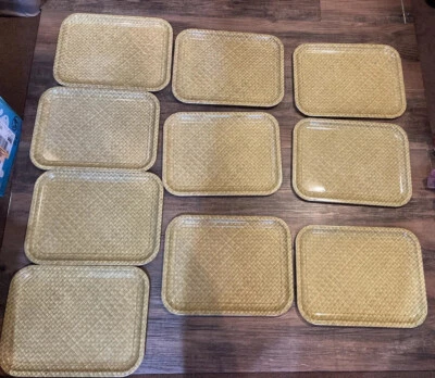 Vintage Woven Bamboo Print Metal tray Set Of 10 Rattan basket Print Set Tv Trays - Image 1 of 4