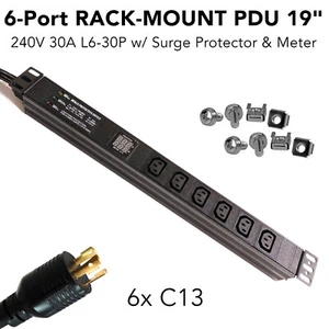 1U 19" Rack Server PDU 7500W 240V 30A L6-30P with (6) C13 Surge Protector Mining - Picture 1 of 7
