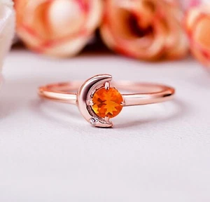 Minimal Fire Opal Moon Ring in Rose Gold over 925 Sterling silver Christmas gift - Picture 1 of 6