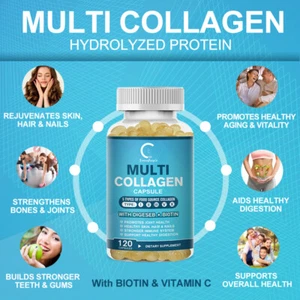 Multi Collagen Peptides-Type I,II,III,V,X Anti-Aging Collagen Pills 60 Capsules - Picture 1 of 9