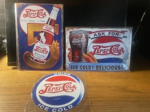 3-PEPSI-COLA METAL SIGNS 2-8x12”+1 8”D NIP ICE COLD! DELICIOUS! A BIG OK FROM US - Picture 1 of 5
